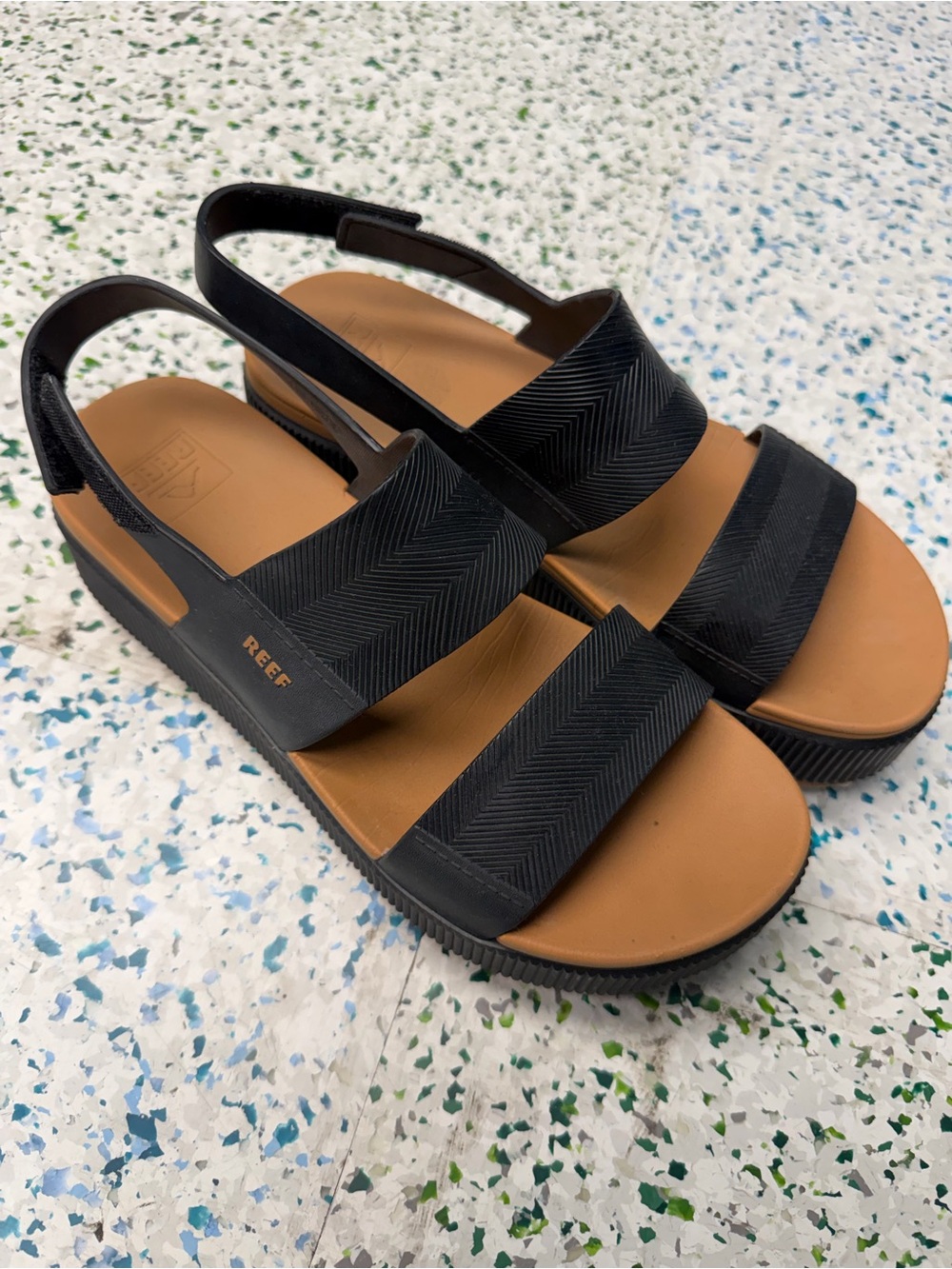 Reef Black Elastic Dual-Strap Slingback Sandals with Tan Footbed